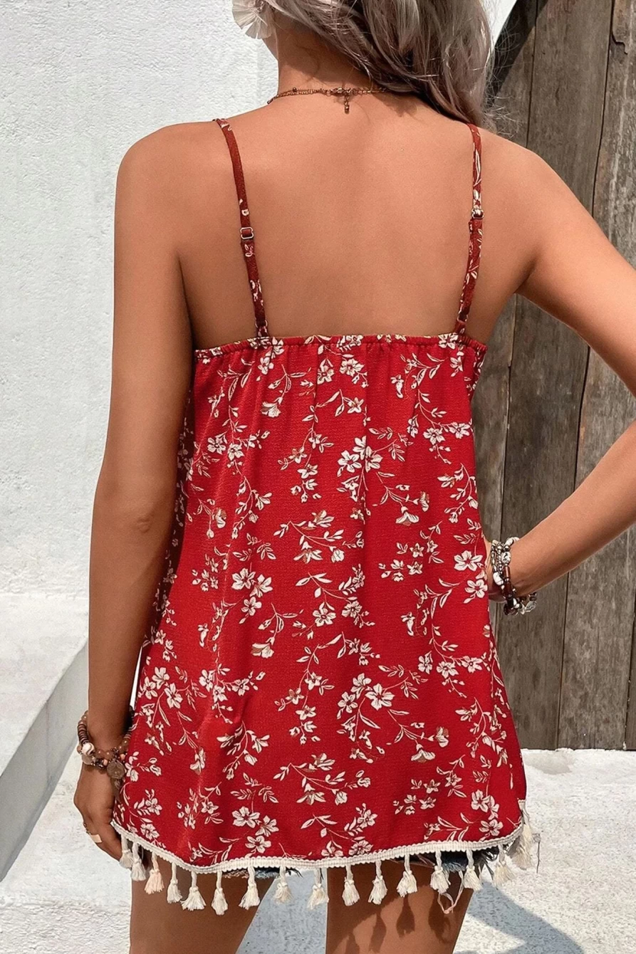 Shewin Women's Red Floral Print Fringe Hem Cami Top - Boho Chic Summer Blouse