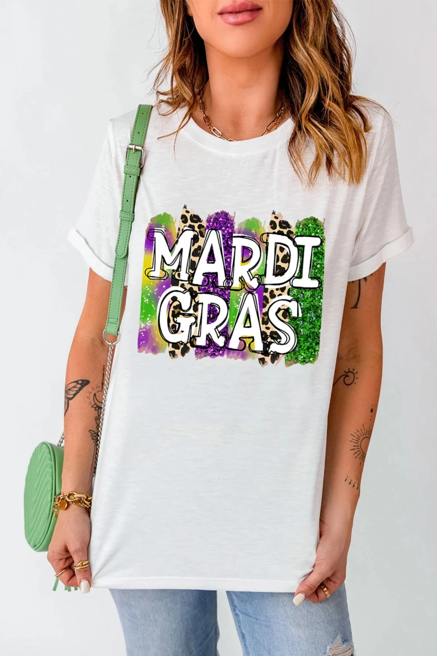 Shewin Women's White Mardi Gras Leopard Sequin Graphic Tee with Mixed Designs