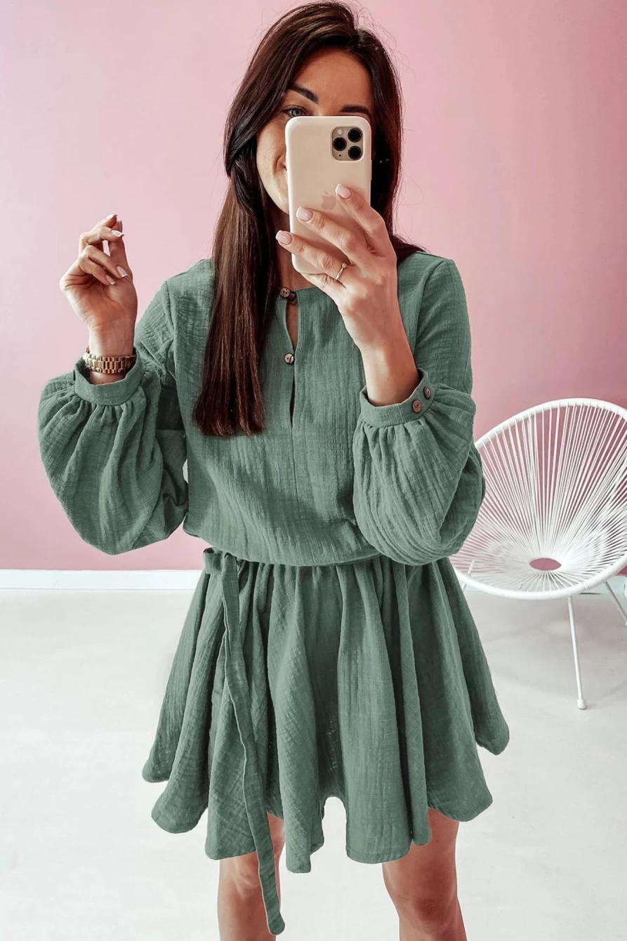 Shewin Women's Pickle Green Button Neck Puff Sleeve Belted Mini Dress