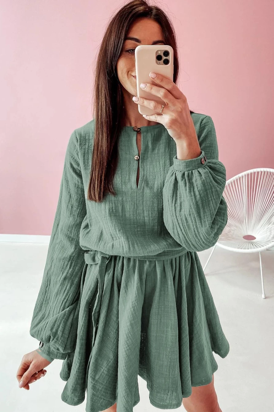 Shewin Women's Pickle Green Button Neck Puff Sleeve Belted Mini Dress