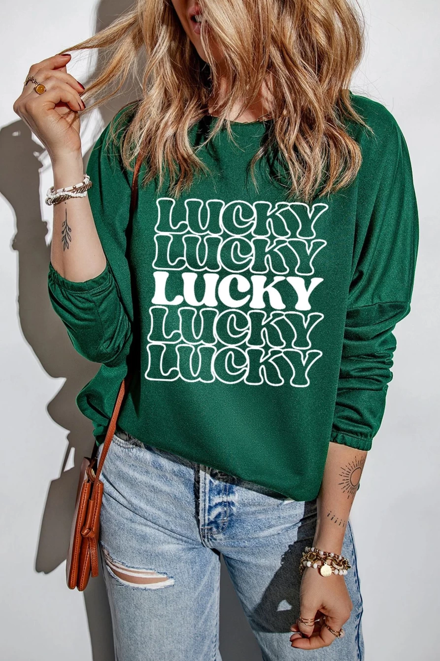 Shewin Women's Green St Patrick's Day Lucky Graphic Drop Shoulder T-Shirt