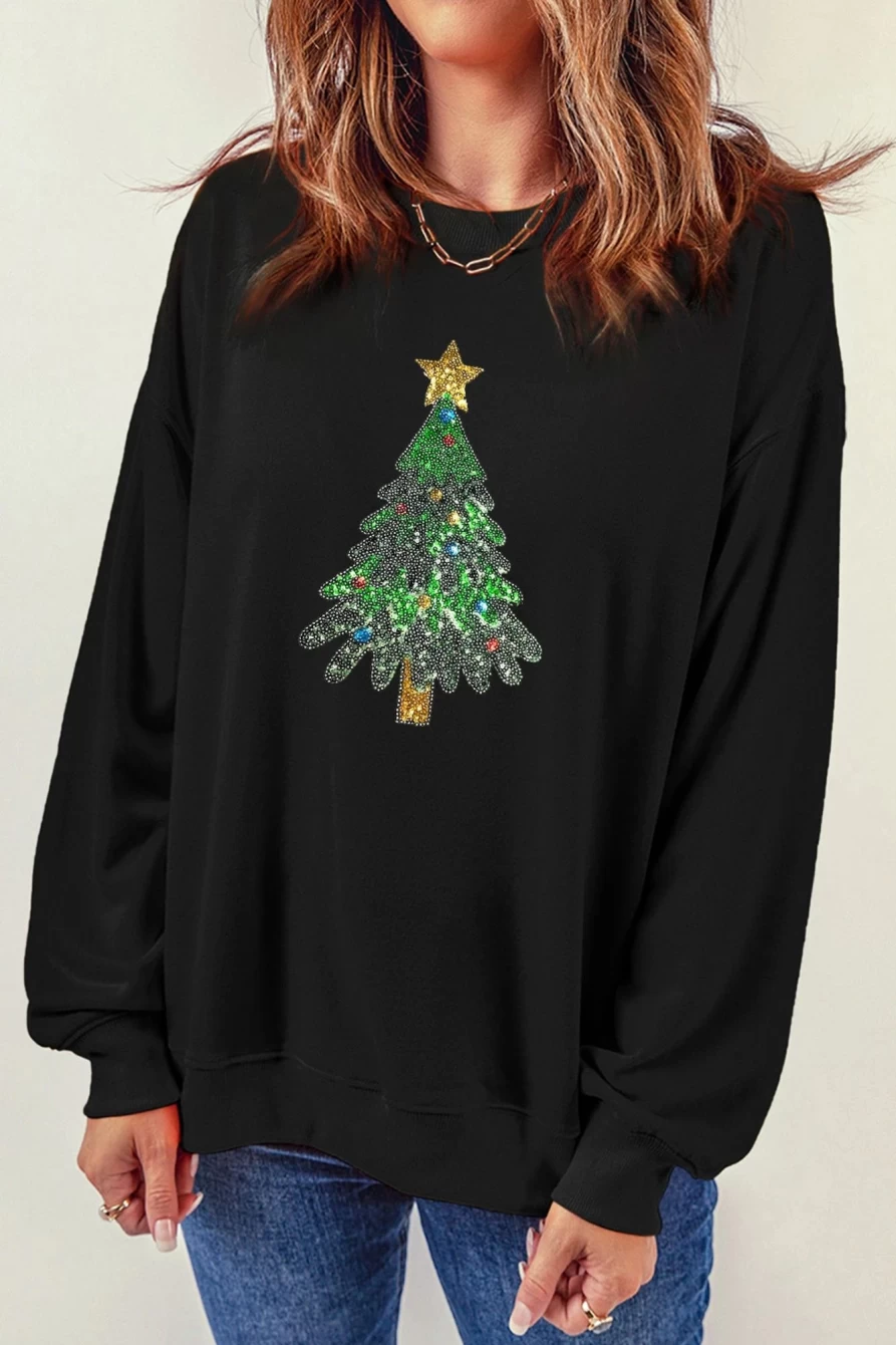 Shewin Women's Black Christmas Tree Graphic Crewneck Sweatshirt - Holiday Pullover Top