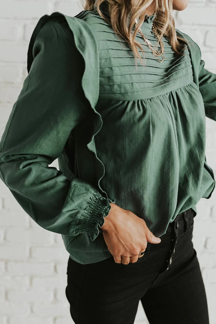 Shewin Women's Green Ruffled Pleated Long Sleeve Blouse Solid Color Top