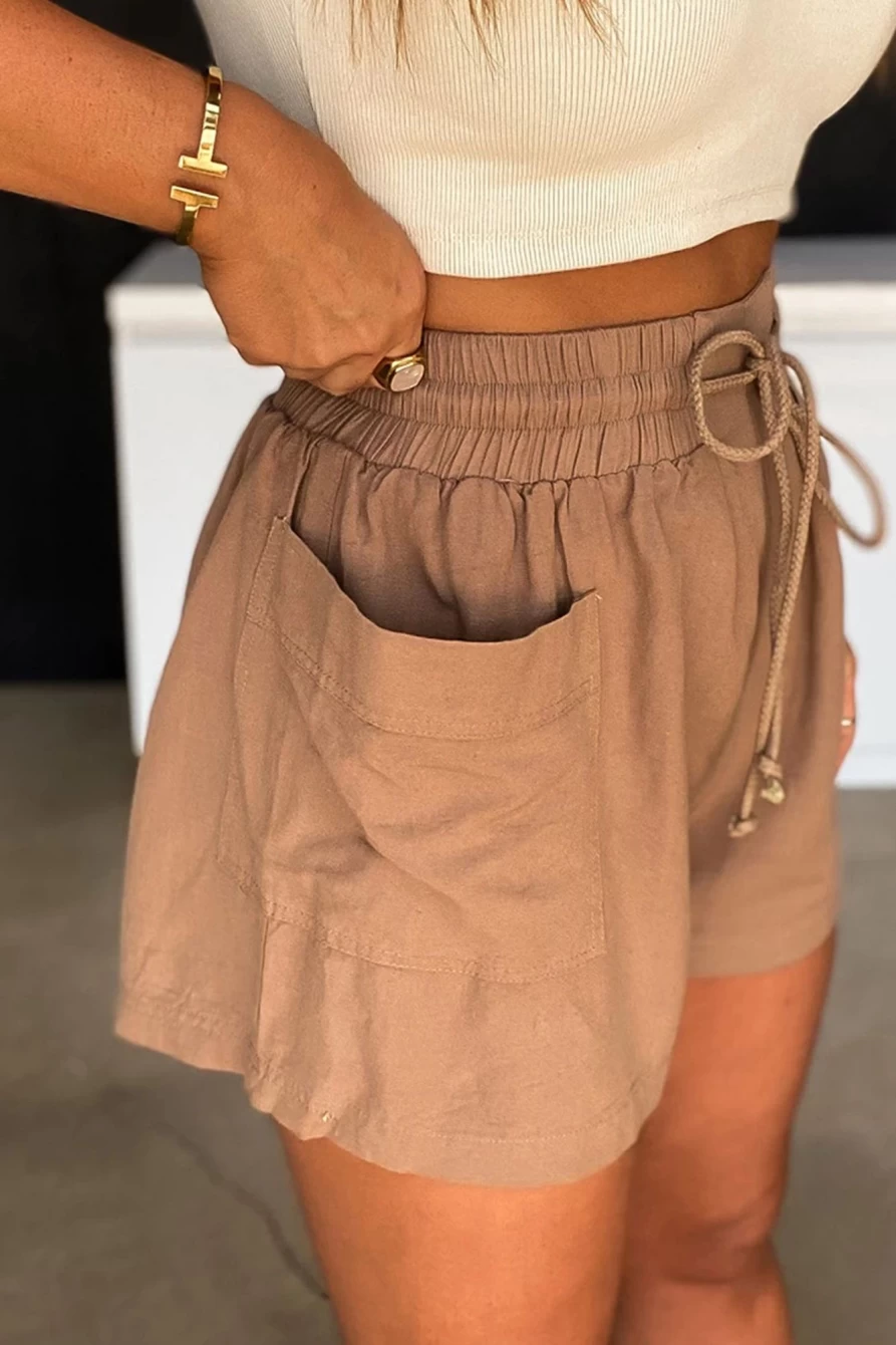 Shewin Women's Brown High Waisted Casual Shorts with Pockets & Drawstring