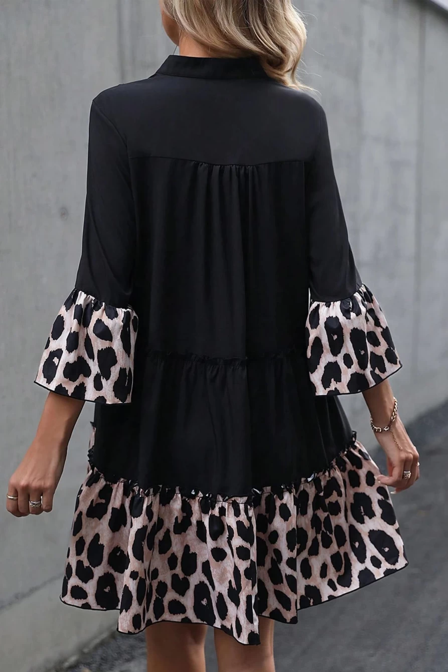 Shewin Women's Black Leopard Print V-Neck Ruffled Flare Sleeve Dress