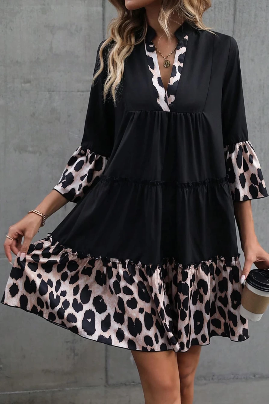 Shewin Women's Black Leopard Print V-Neck Ruffled Flare Sleeve Dress