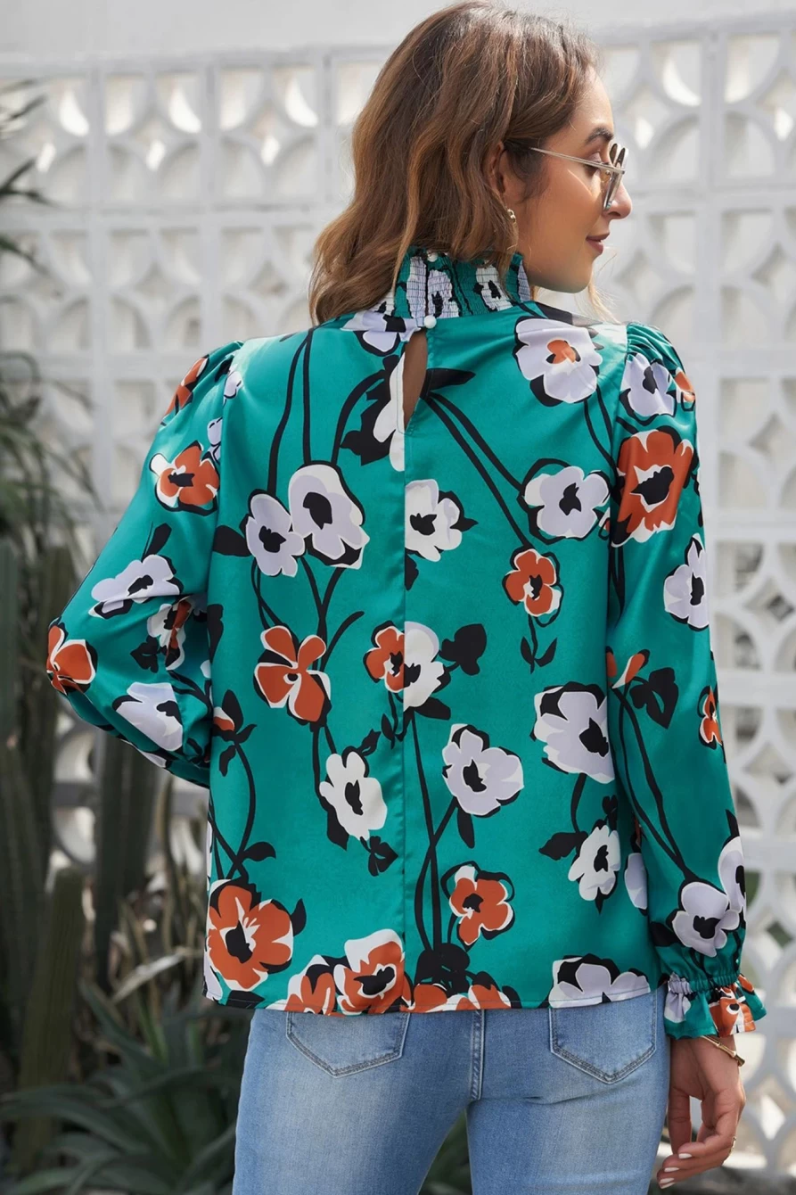 Shewin Women's Green Floral Print Mock Neck Long Sleeve Silk Blouse