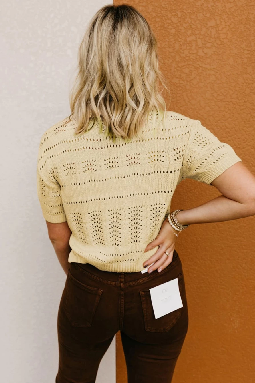 Shewin Women's Beige Hollow Out Cropped Short Sleeve Sweater