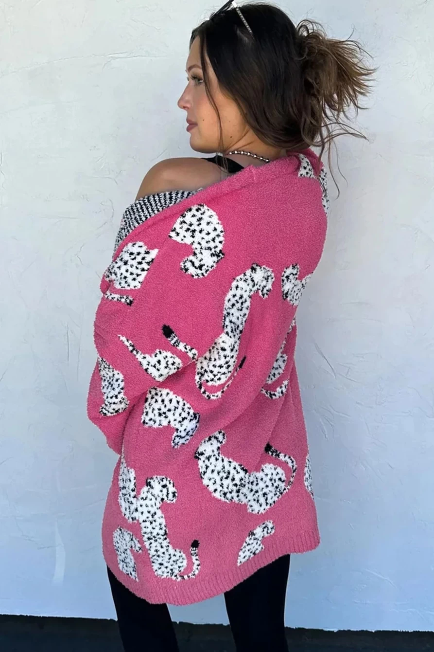 "SheWin Women's Rose Red Animal Print Open Front Cardigan"