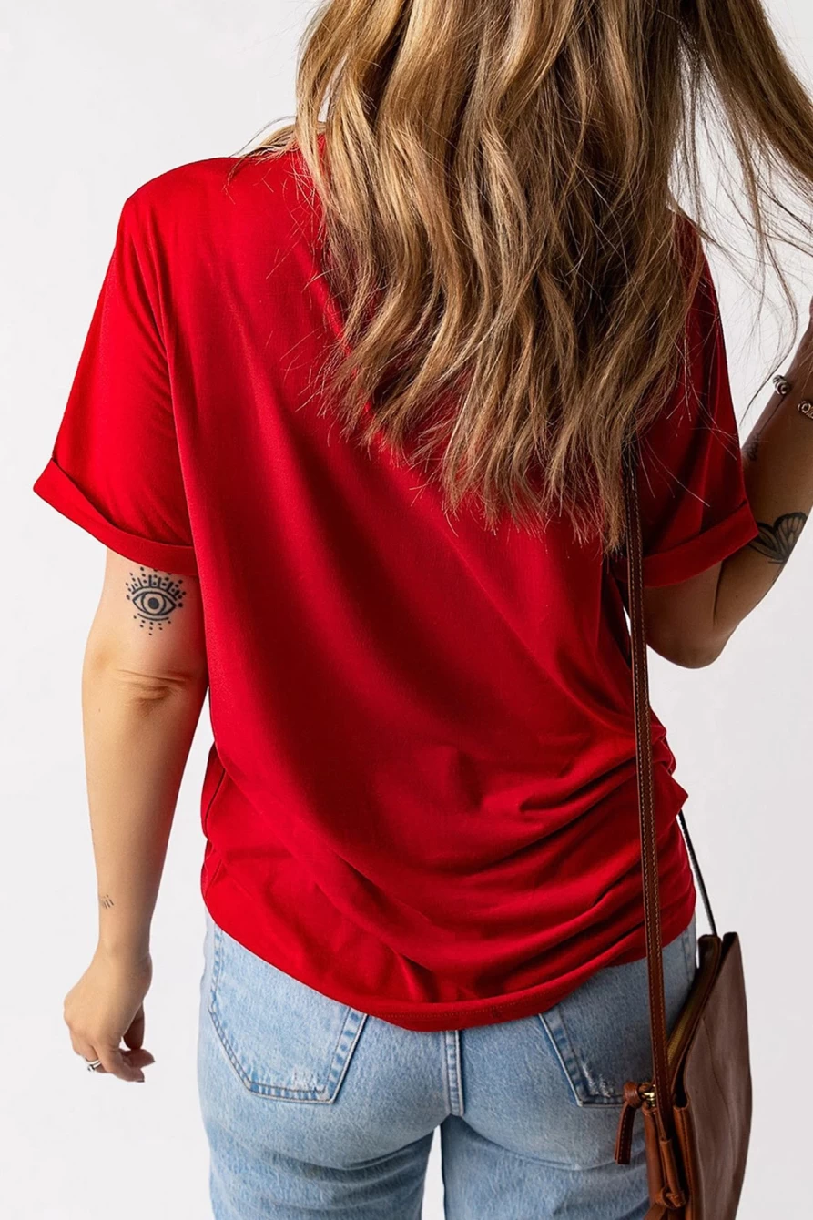"SheWin Women's Red-2 Joyful Jolly Merry Heart Graphic Print T-Shirt"