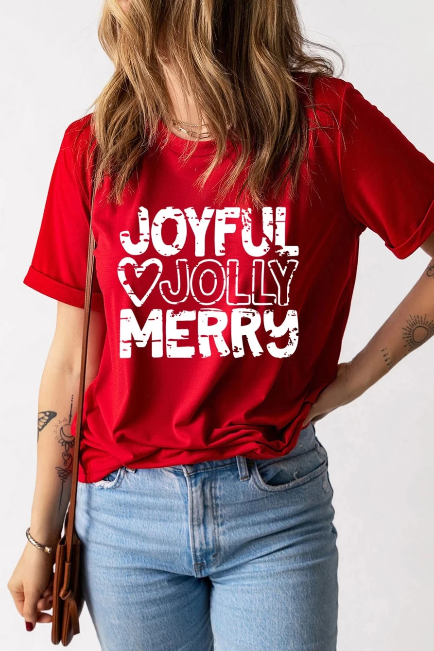 "SheWin Women's Red-2 Joyful Jolly Merry Heart Graphic Print T-Shirt"