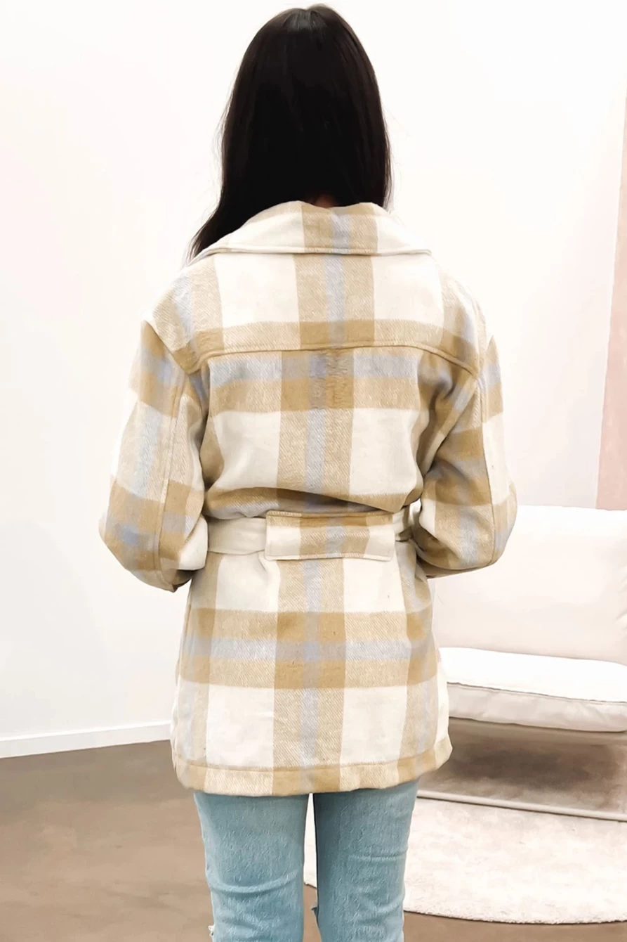 Shewin Women's Khaki Plaid Jacket with Button-Up Front, Flap Pockets & Belt