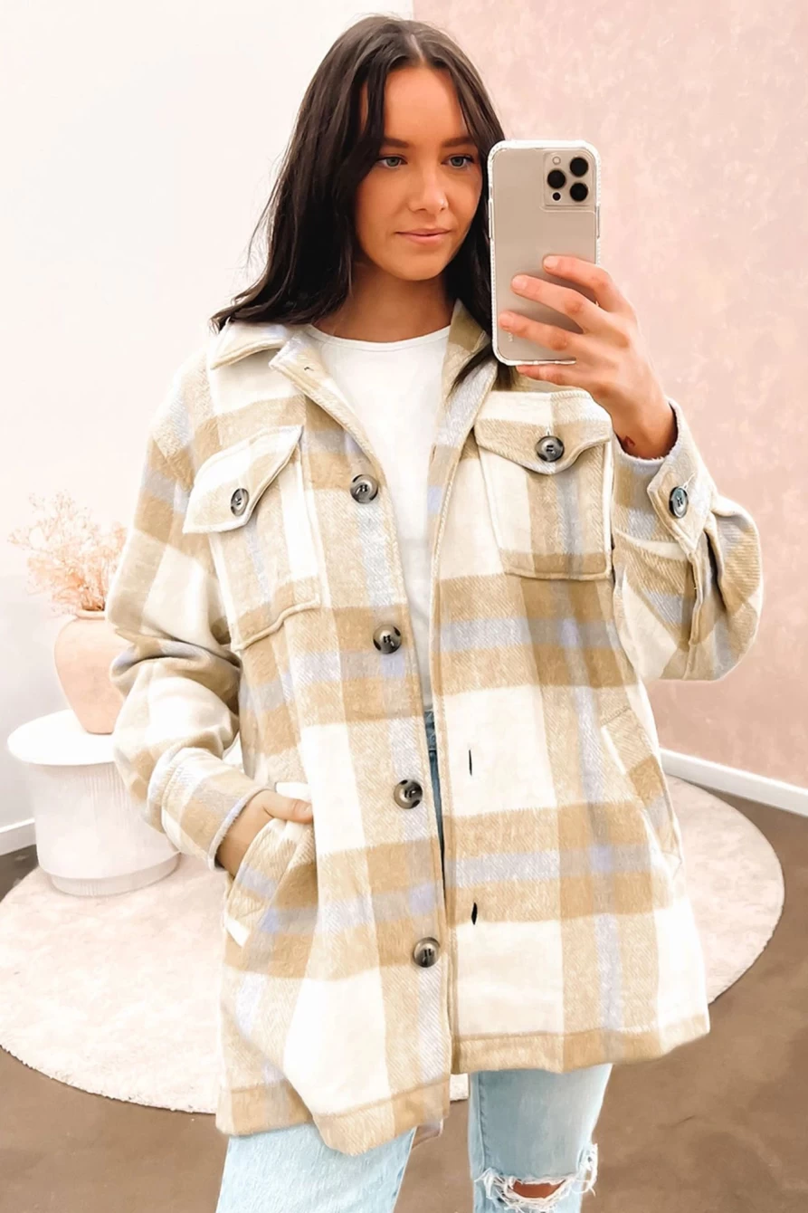 Shewin Women's Khaki Plaid Jacket with Button-Up Front, Flap Pockets & Belt