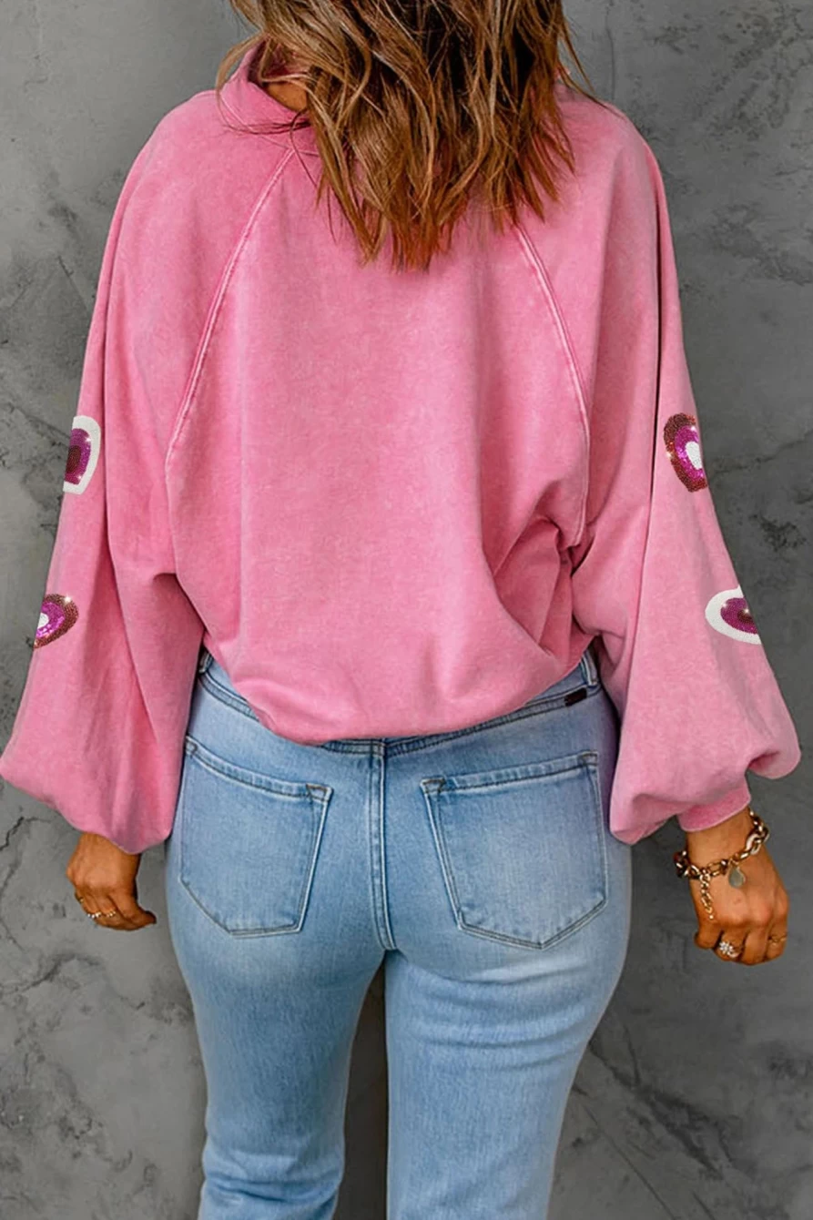 Women's Pink Heart Graphic Henley Puff Sleeve Sweatshirt - Shewin