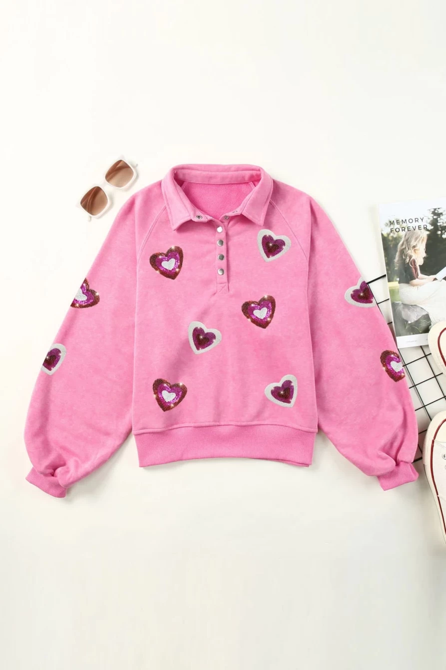 Women's Pink Heart Graphic Henley Puff Sleeve Sweatshirt - Shewin
