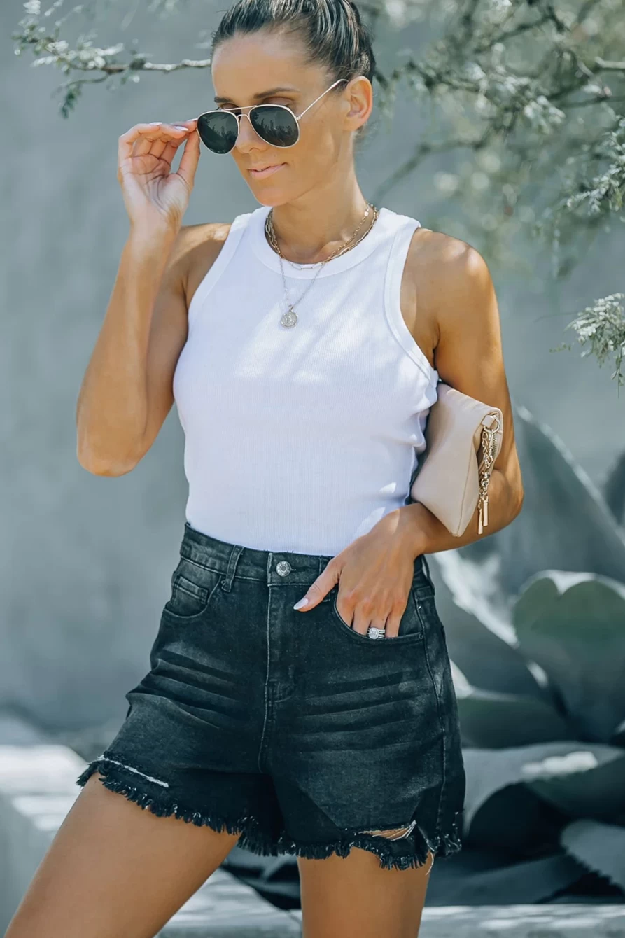 Shewin Women's Black High Waisted Casual Denim Shorts with Frayed Hem