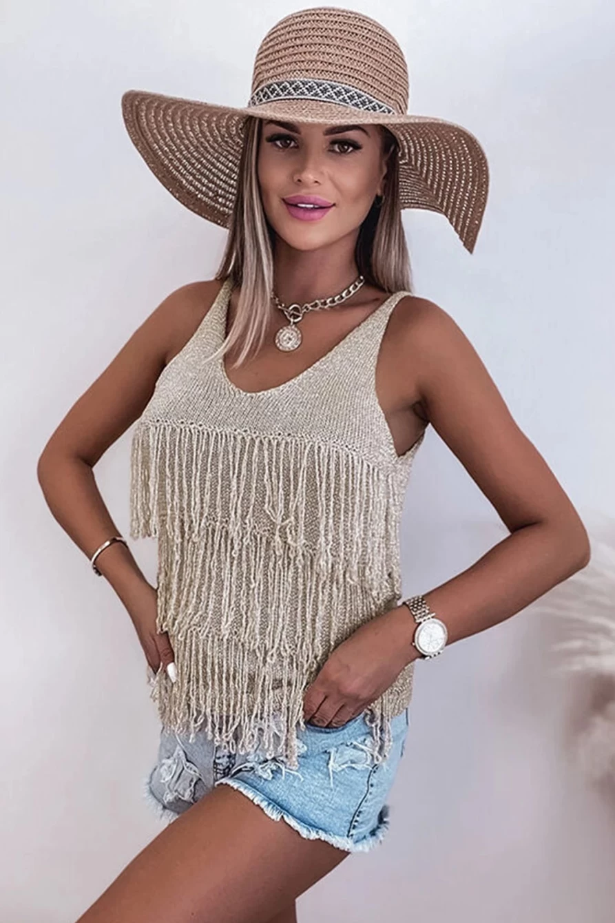 Shewin Women's Parchment Plain V-Neck Fringe Knit Tank Top