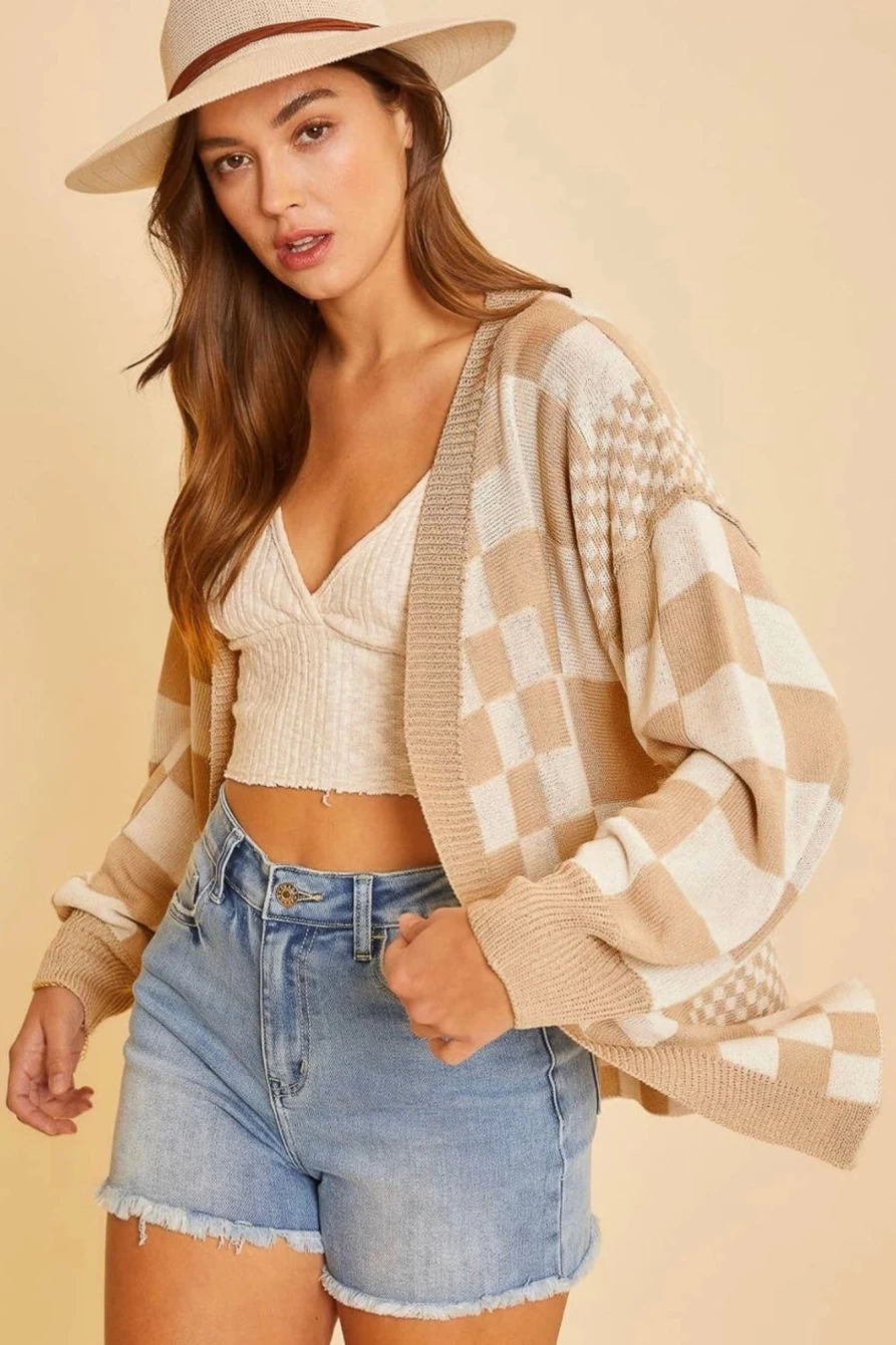 Shewin Women's Khaki Plaid Colorblock Open Front Cardigan Sweater