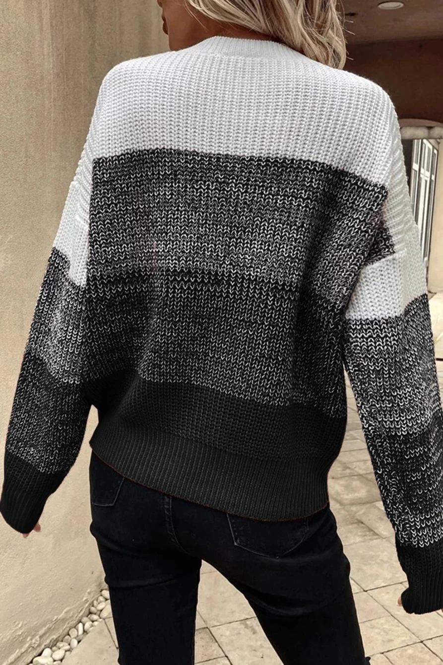 Shewin Women's Black Color Block Drop Shoulder Ribbed Trim Sweater