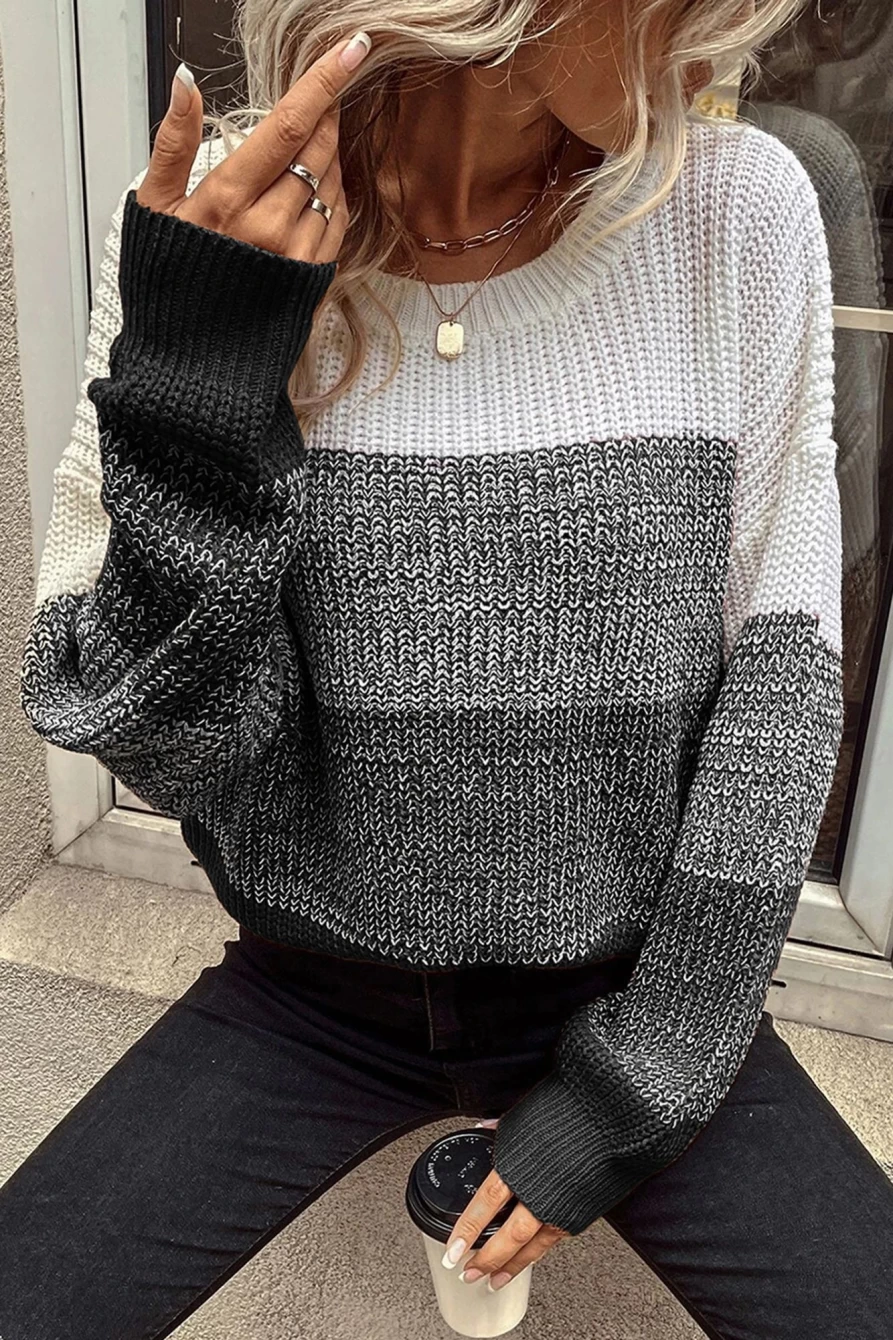 Shewin Women's Black Color Block Drop Shoulder Ribbed Trim Sweater