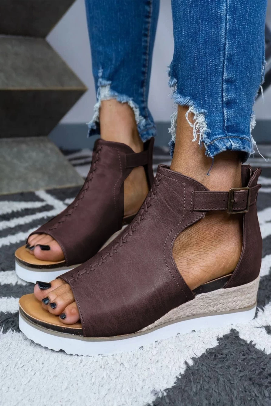 Shewin Women's Khaki Pu Cutout Buckle Strap Platform Sandals