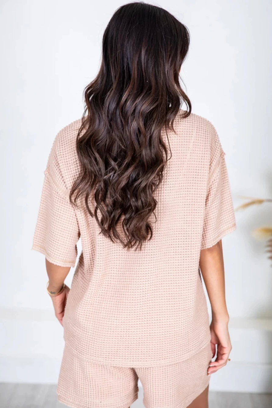 "Shewin Women's Apricot Pink Waffle Knit Lounge Set - Tee & Shorts Comfy Outfit"