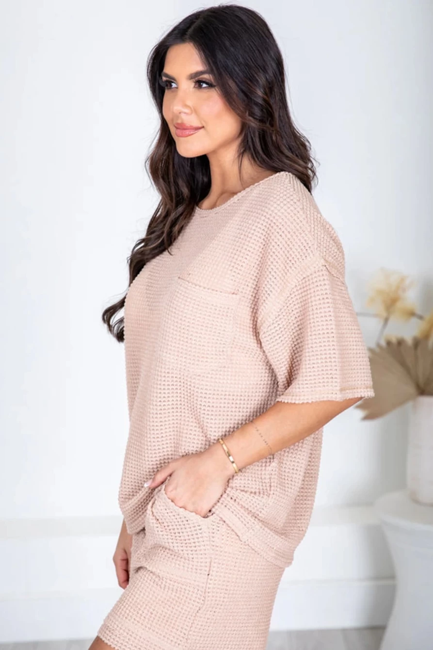 "Shewin Women's Apricot Pink Waffle Knit Lounge Set - Tee & Shorts Comfy Outfit"
