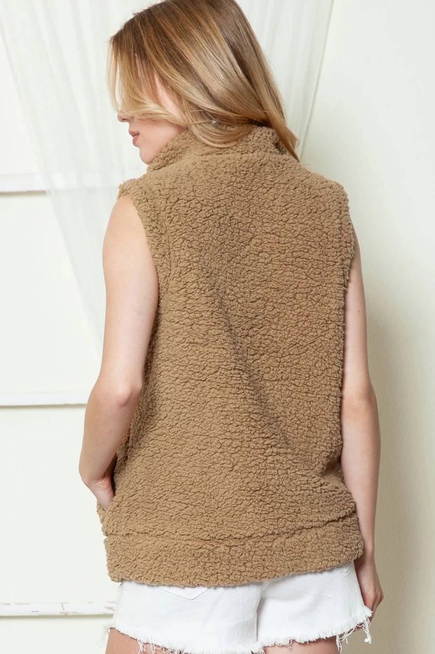 Women's Khaki Sherpa Snap Button Collared Vest Coat by Shewin