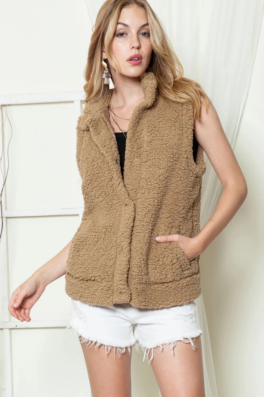 Women's Khaki Sherpa Snap Button Collared Vest Coat by Shewin