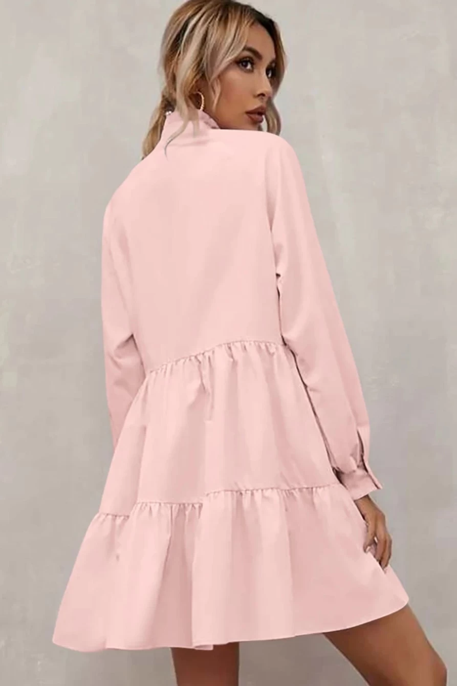 Shewin Women's Pink Elegant V-Neck Short Frill Dress with Stand Collar