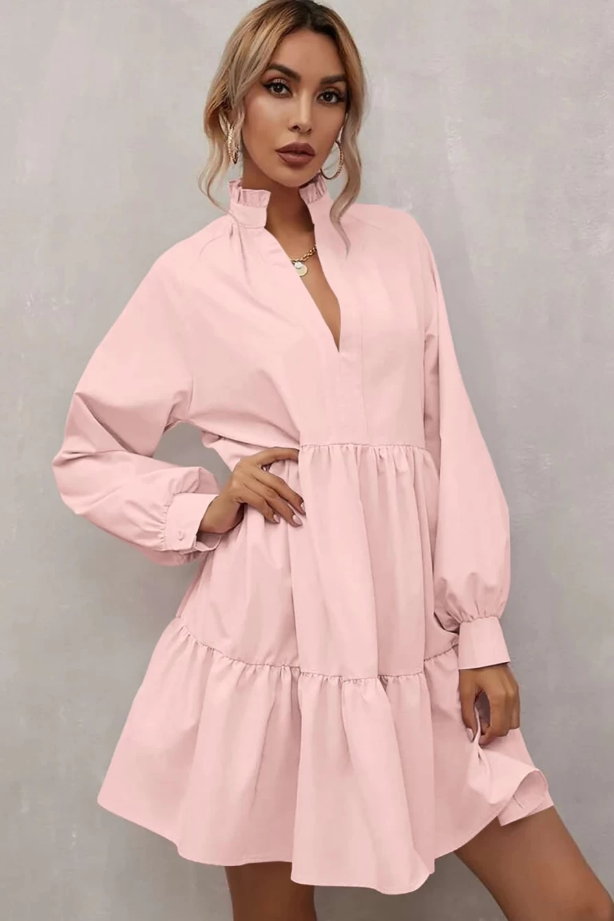 Shewin Women's Pink Elegant V-Neck Short Frill Dress with Stand Collar