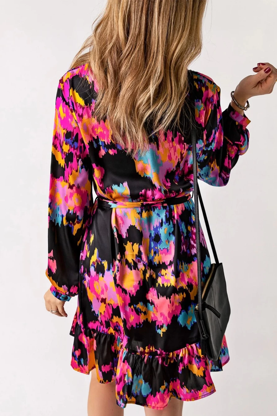 Shewin Women's Black Abstract Print Dress with Waist Belt, Mandarin Collar & Ruffle Hem Long Sleeves