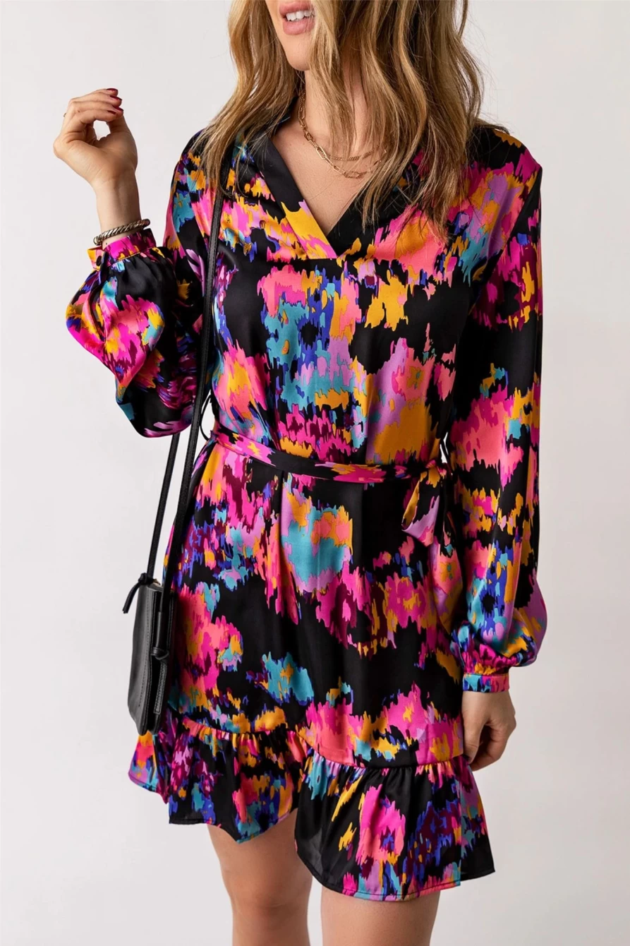 Shewin Women's Black Abstract Print Dress with Waist Belt, Mandarin Collar & Ruffle Hem Long Sleeves