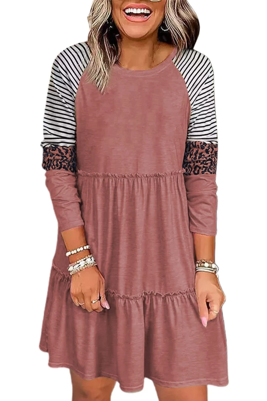 Shewin Women's Pink Striped Leopard Print Patchwork Frill Long Sleeve Short Dress