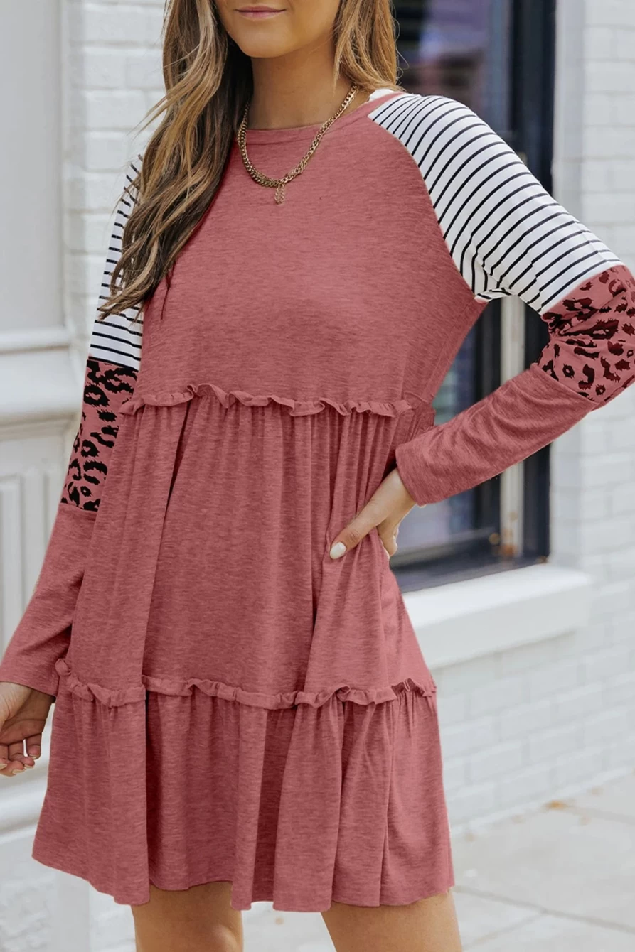 Shewin Women's Pink Striped Leopard Print Patchwork Frill Long Sleeve Short Dress