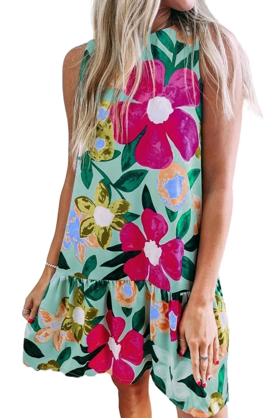Shewin Women's Green Floral Print Sleeveless Ruffle Hem Mini Dress