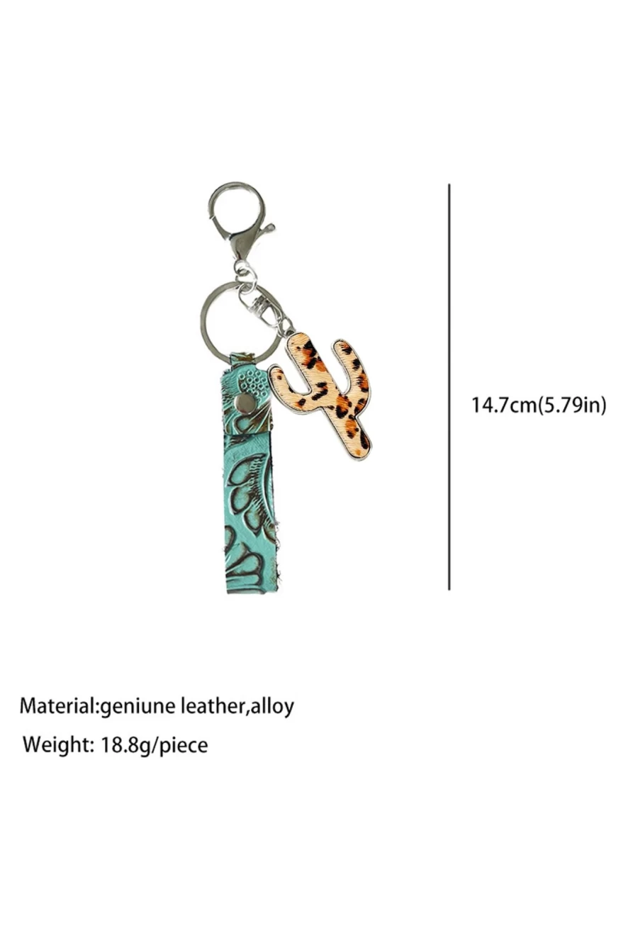Shewin Mint Green Pu Embossed Leopard & Cactus Keychain for Women