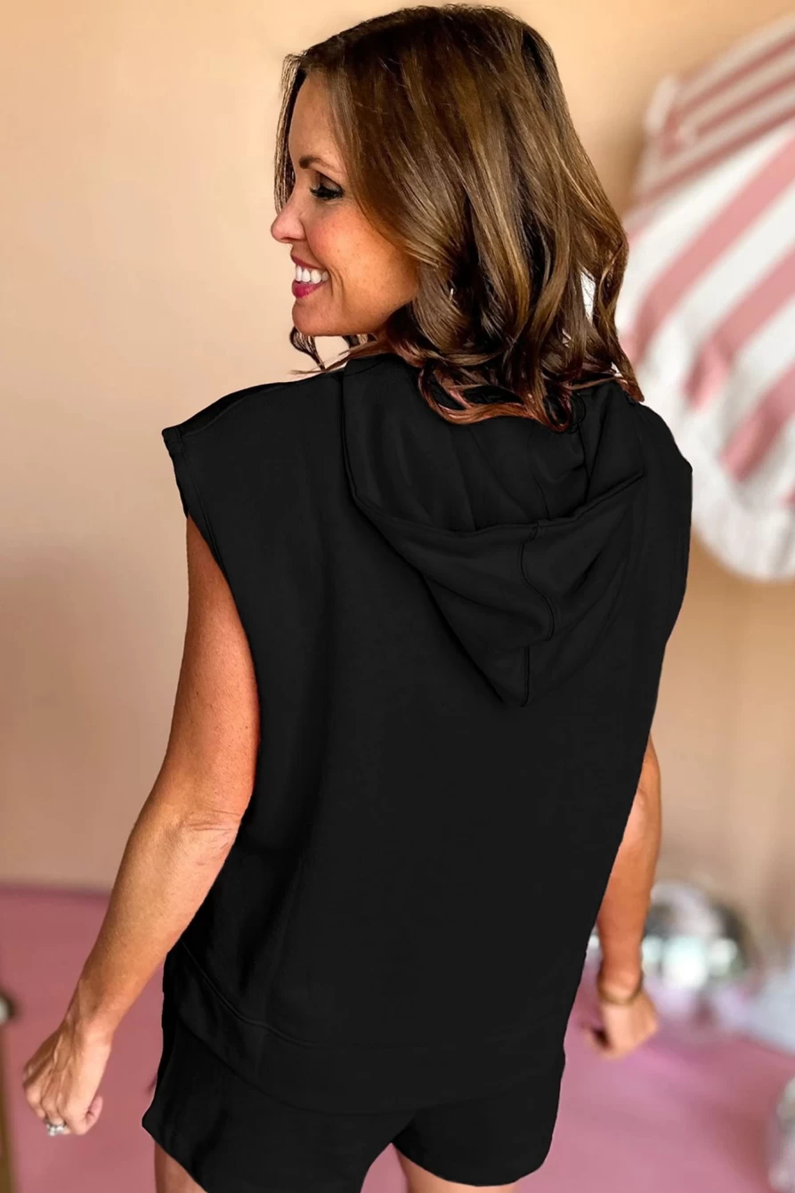 Women's Black Solid Color Sleeveless Hoodie & Shorts Set by Shewin - Casual Summer Outfit