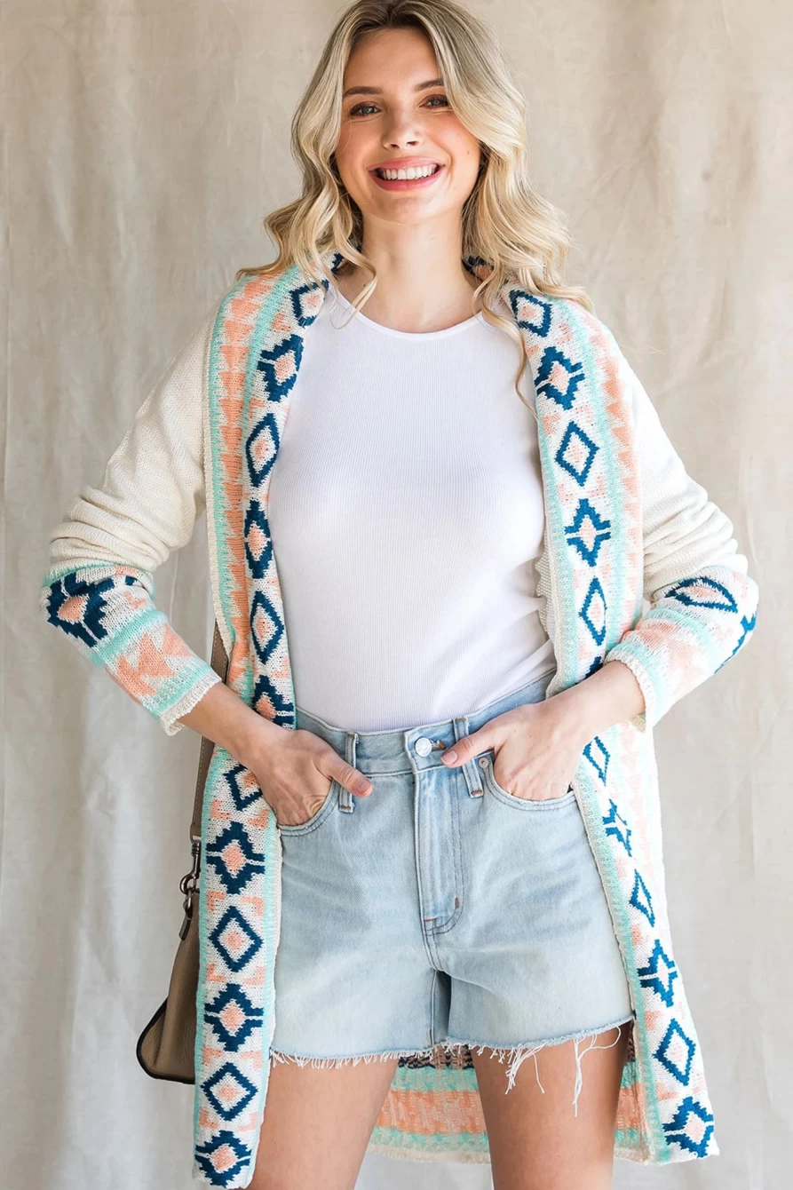 Shewin Women's Apricot Geometric Print Casual Open Front Cardigan