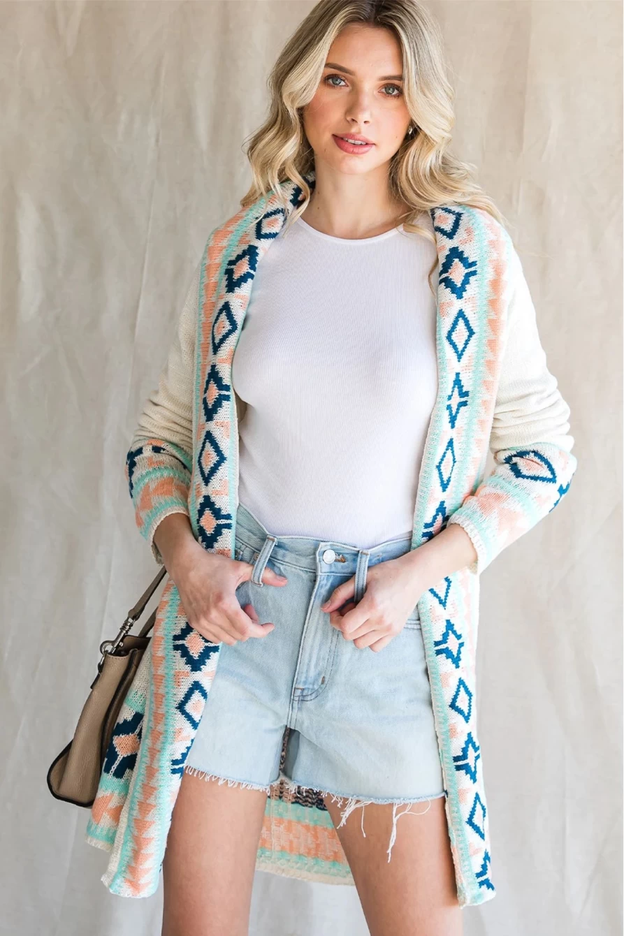 Shewin Women's Apricot Geometric Print Casual Open Front Cardigan