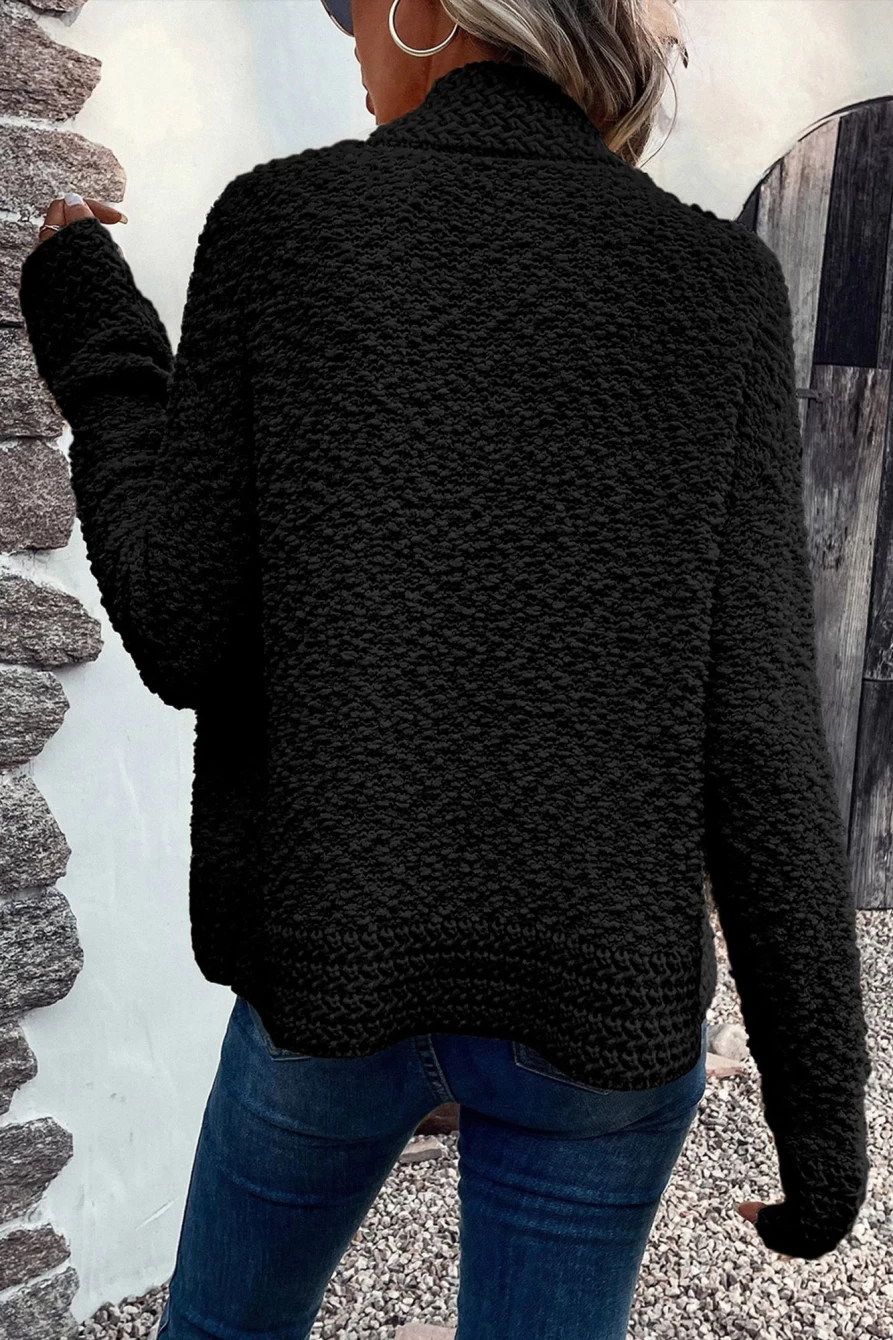 Shewin Women's Black Popcorn Knit Open Front Cardigan Sweater