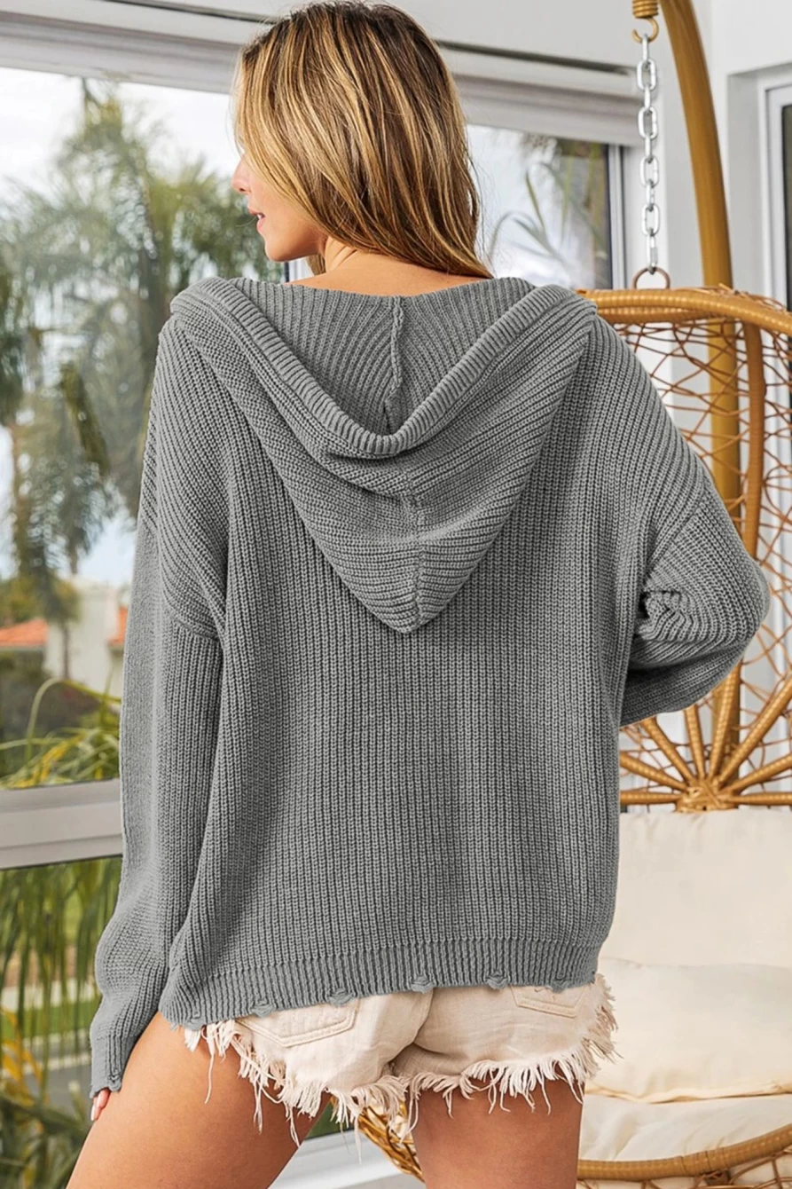 Shewin Women's Gray Distressed Studded Hoodie with Kangaroo Pocket - Rock Style Sweater