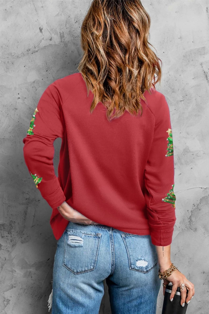 "SheWin Women's Red Sequined Christmas Tree Graphic Sweatshirt with Raglan Sleeves"