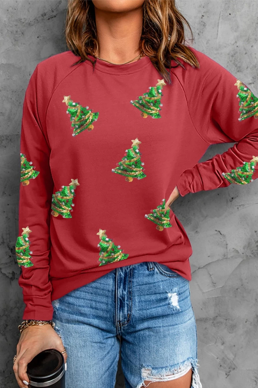 "SheWin Women's Red Sequined Christmas Tree Graphic Sweatshirt with Raglan Sleeves"