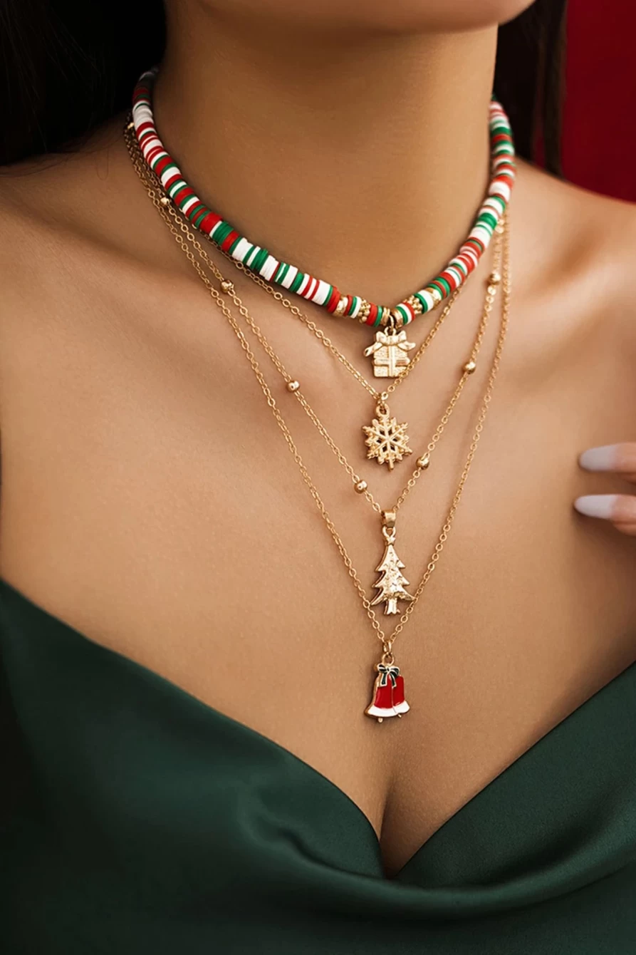 Shewin 4Pcs Gold Beaded Necklace Set for Women - Christmas Pendant Jewelry Gift