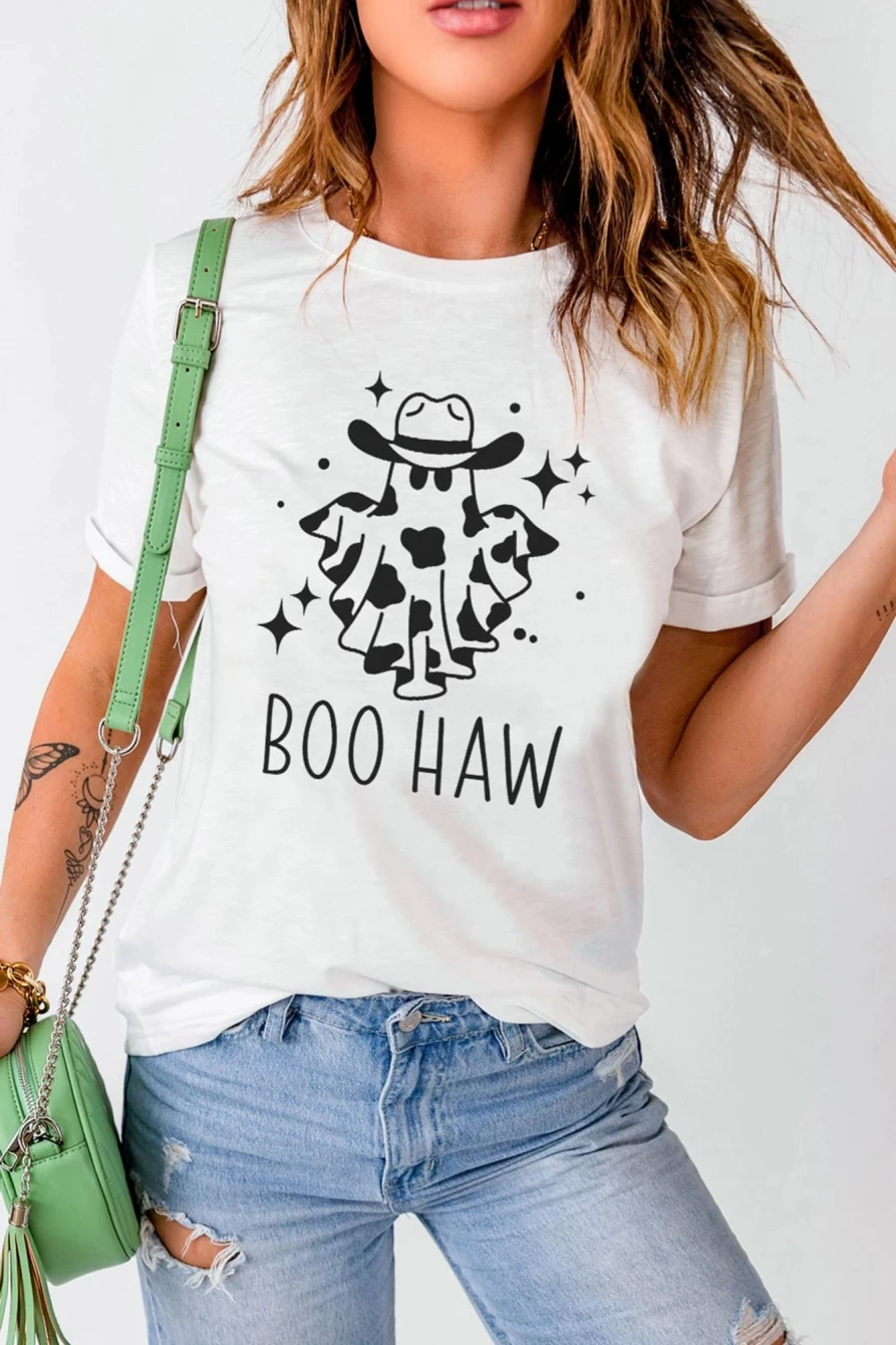 Shewin Women's White Halloween Boo Crew Neck Graphic Tee - Spooky Cute T-Shirt