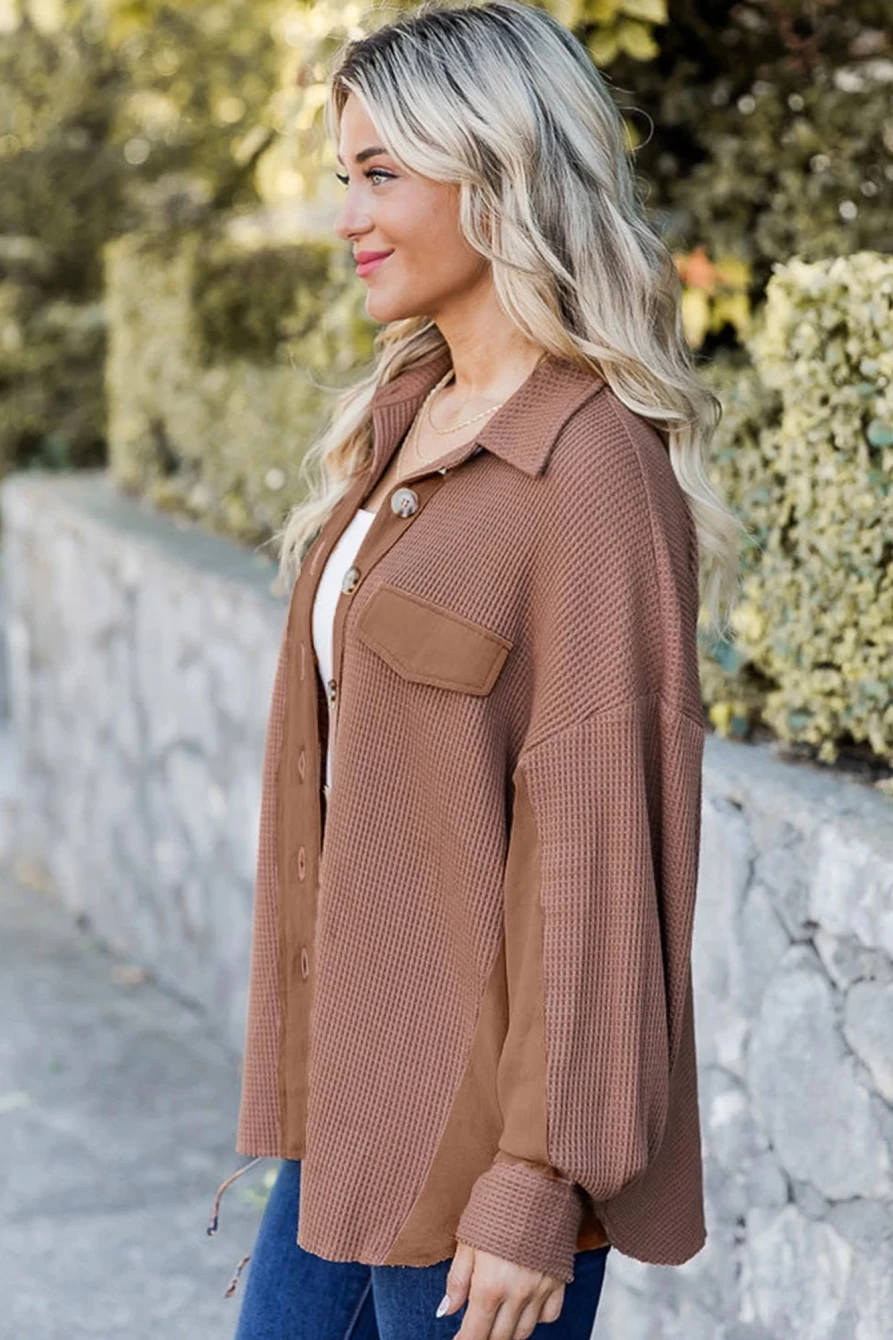 "Shewin Women's Brown Drop Shoulder Waffle Knit Shacket - Cozy Long Sleeve Cardigan"