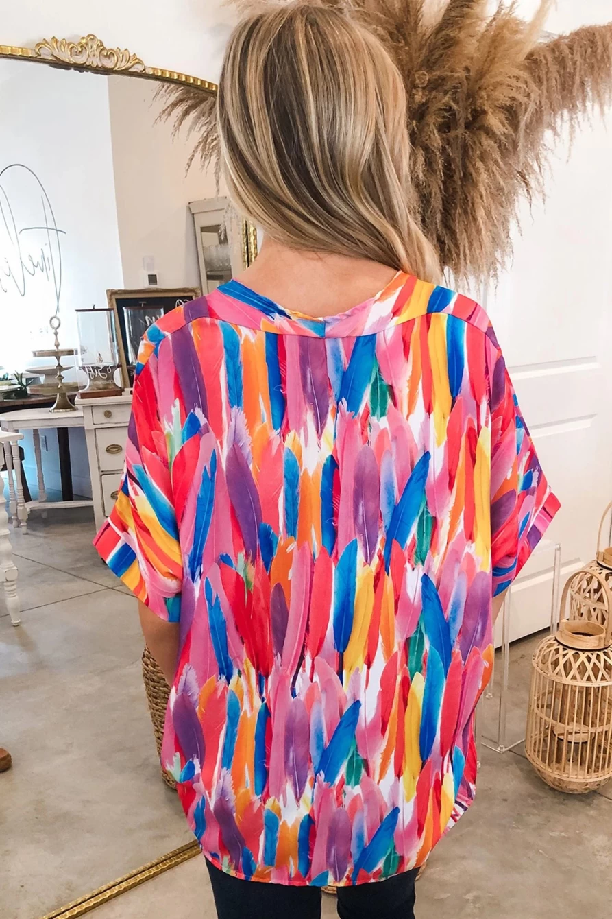 Shewin Women's Multicolour Abstract Watercolor Print V-Neck Blouse