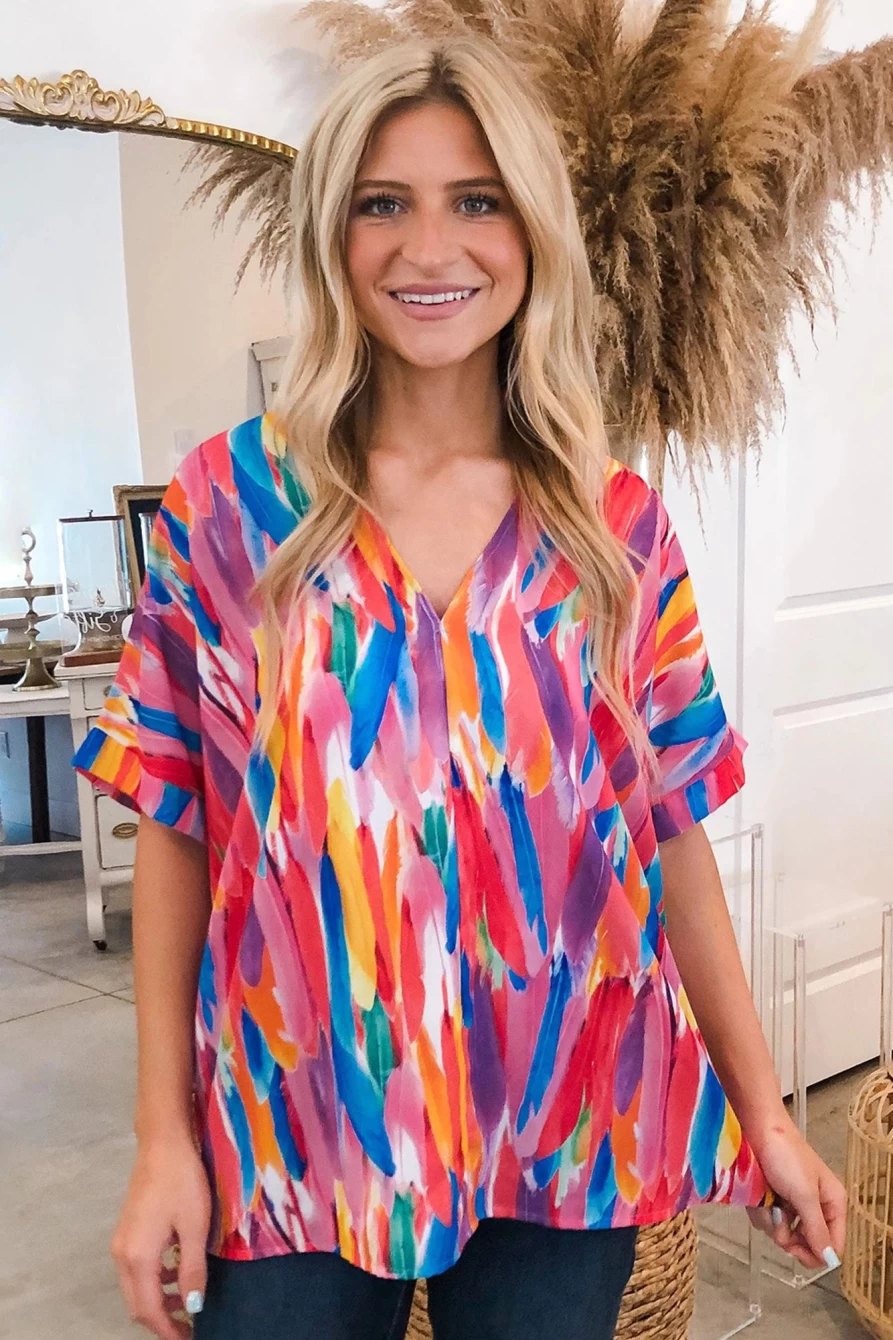 Shewin Women's Multicolour Abstract Watercolor Print V-Neck Blouse