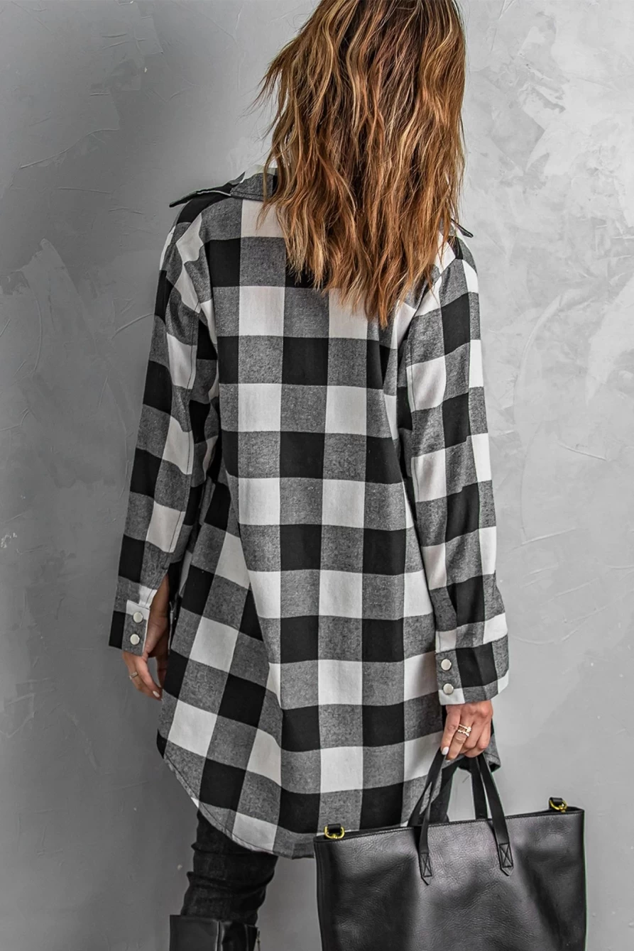 Women's Black Plaid Collared Button-Down Long Shirt Shacket by Shewin